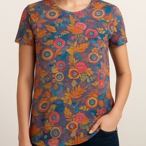 NWT Layerz  Basics Distressed Floral Tee Shirt Medium – Colorful Boho Fall Print